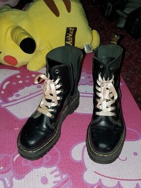 Dr. Martens Black Combat Boots with Pale Pink Satin Laces